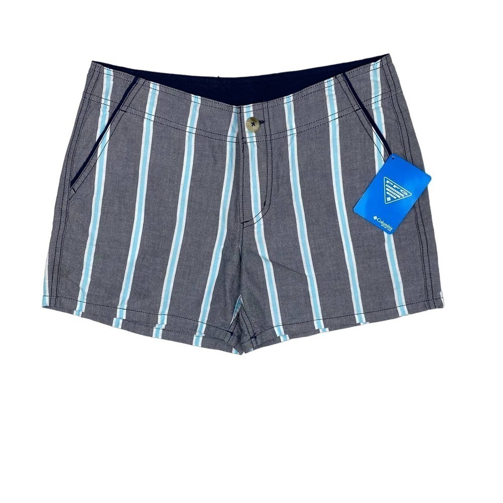 NWT Women's Columbia PFG Gray Blue White Striped Mid Rise Adventure Shorts- 6